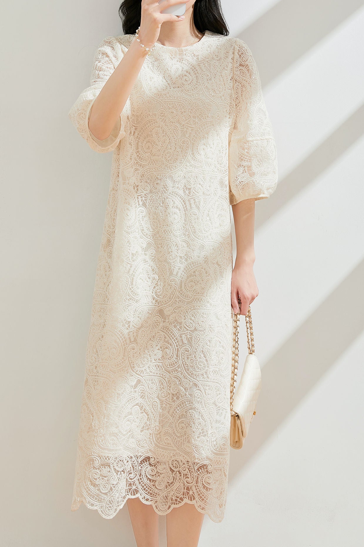 Hollow lace round neck loose casual mid-length sleeve dress Hollow lace round neck loose casual mid-length sleeve dress