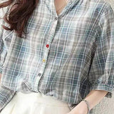 Round stand collar button-up short sleeve loose casual shirt with drawstring hem
