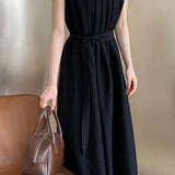 Solid color tie waist tank dress