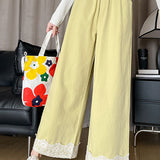 Lace trim spliced pants