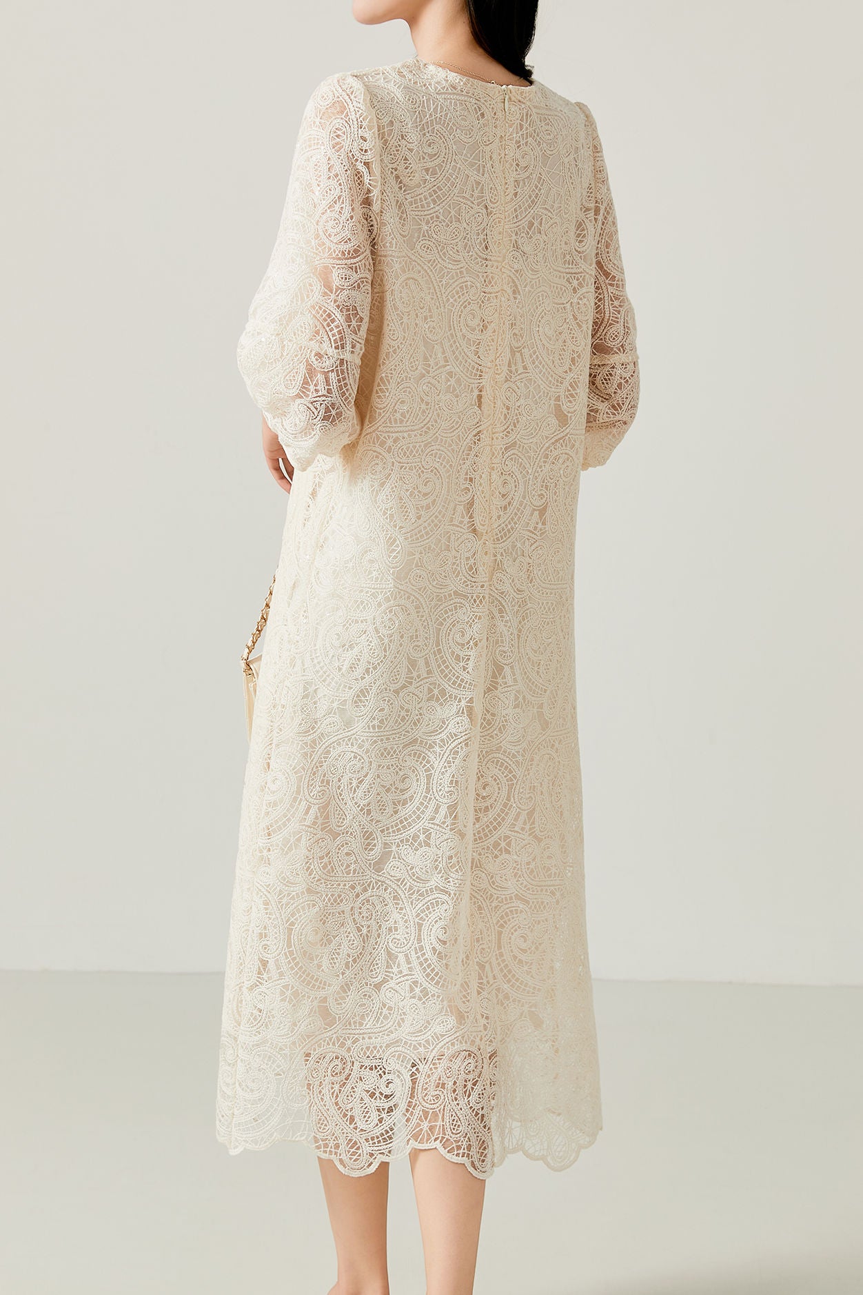 Hollow lace round neck loose casual mid-length sleeve dress Hollow lace round neck loose casual mid-length sleeve dress