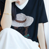 Faux two-piece V-neck short sleeve T-shirt