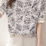 Ink wash printed drop shoulder spliced T-shirt