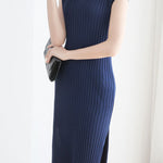 V-neck cap sleeve fitted dress with side slits in ribbed knit - liwisi