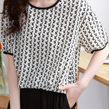 Rabbit print color block round neck T-shirt