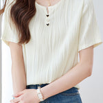 Textured round neck short sleeve T-shirt with decorative buttons - liwisi