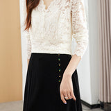 V-Neck Scalloped Hem Glitter Decor Lace Blouse with Lining - 2 Colors Available