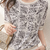 Ink wash printed drop shoulder spliced T-shirt