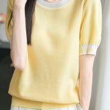 Ice silk color-blocked pullover knit top