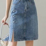 Embroidered beaded high-waisted slit denim skirt