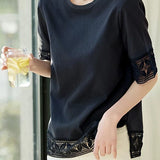 Hollow lace solid color T-shirt