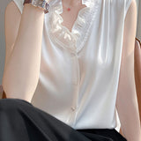 Ruffle-edged V-neck faux button sleeveless shirt - liwisi