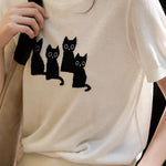 Cat pattern knit short sleeve T-shirt - liwisi