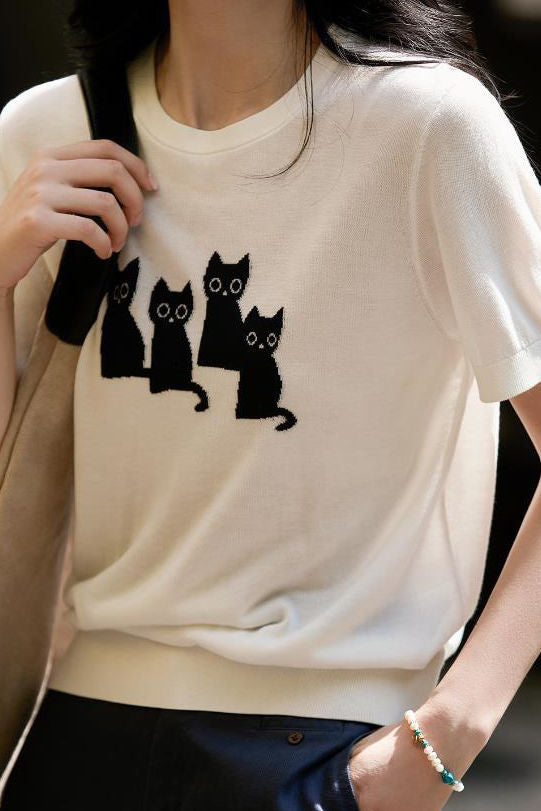 Cat pattern knit short sleeve T-shirt - liwisi