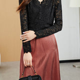 V-Neck Scalloped Hem Glitter Decor Lace Blouse with Lining - 2 Colors Available