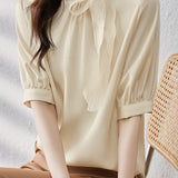 Spliced bow tie short sleeve satin shirt