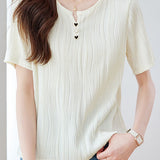 Textured round neck short sleeve T-shirt with decorative buttons - liwisi