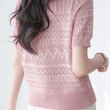 Round neck short sleeve hollow thin knit top