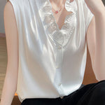 Ruffle-edged V-neck faux button sleeveless shirt - liwisi