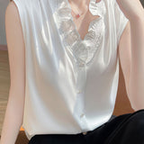 Ruffle-edged V-neck faux button sleeveless shirt - liwisi