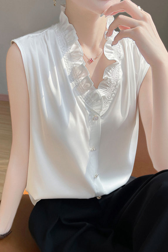 Ruffle-edged V-neck faux button sleeveless shirt - liwisi