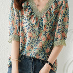 V-neck floral print short sleeve shirt - liwisi