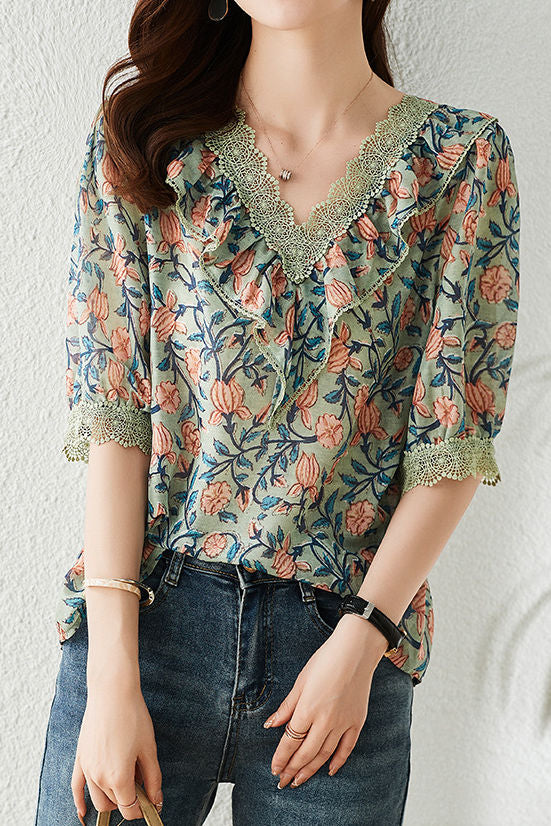V-neck floral print short sleeve shirt - liwisi
