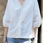 V-neck lace white shirt - liwisi
