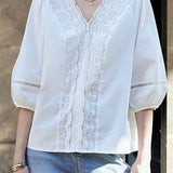 V-neck lace white shirt - liwisi