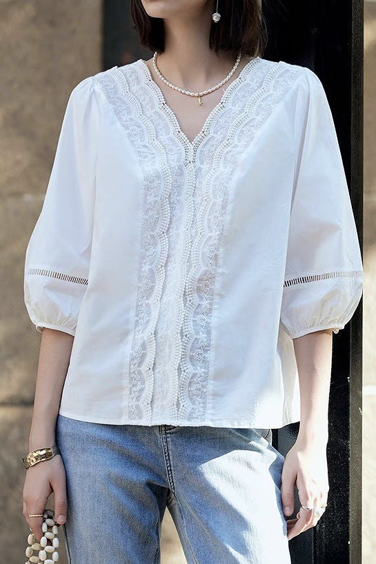 V-neck lace white shirt - liwisi