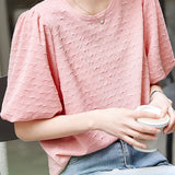 Round neck puff sleeve textured T-shirt