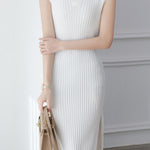 V-neck cap sleeve fitted dress with side slits in ribbed knit - liwisi