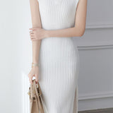 V-neck cap sleeve fitted dress with side slits in ribbed knit - liwisi