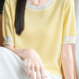 Ice silk color-blocked pullover knit top