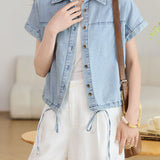Casual Vintage Denim Lapel Raglan Drawstring Short-Sleeve Shirt