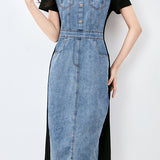Spliced faux two-piece denim dress
