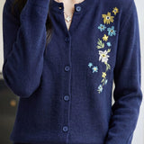 Exquisite Elegant Round Neck Floral Embroidery Long Sleeve Knit Cardigan