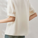 Solid color V-neck pearl shirt - liwisi