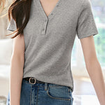 V-neck button half-placket short sleeve fitted casual T-shirt - liwisi