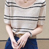 Lace round neck jacquard knitted T-shirt