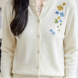 Exquisite Elegant Round Neck Floral Embroidery Long Sleeve Knit Cardigan