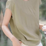 Round neck cap sleeve shirt with back slit