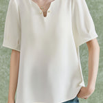 Solid color V-neck pearl shirt - liwisi