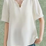 Solid color V-neck pearl shirt - liwisi