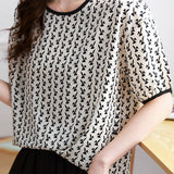 Rabbit print color block round neck T-shirt