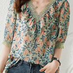 V-neck floral print short sleeve shirt - liwisi