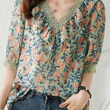 V-neck floral print short sleeve shirt - liwisi