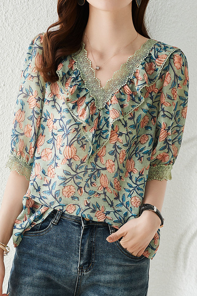V-neck floral print short sleeve shirt - liwisi