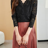 V-Neck Scalloped Hem Glitter Decor Lace Blouse with Lining - 2 Colors Available