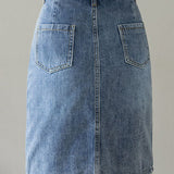 Embroidered beaded high-waisted slit denim skirt